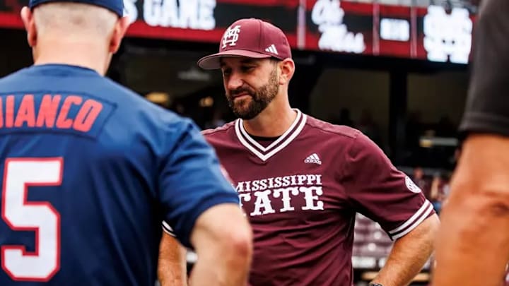 Mississippi State Interim Head Coach Justin Parker during the game between the Ole Miss Rebels and the Mississippi State Bulldogs at Dudy Noble Field at Polk-Dement Stadium in Starkville, MS. Mississippi State Interim Head Coach Justin Parker during the game between the Ole Miss Rebels and the Mississippi State Bulldogs at Dudy Noble Field at Polk-Dement Stadium in Starkville, MS.
