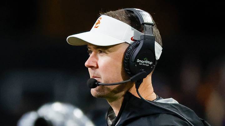 Nov 2, 2024; Seattle, Washington, USA; USC Trojans head coach Lincoln Riley stands on the sideline during the fourth quarter against the Washington Huskies at Alaska Airlines Field at Husky Stadium. Mandatory Credit: Joe Nicholson-Imagn Images