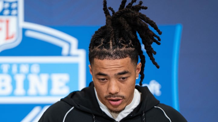Feb 27, 2026; Indianapolis, IN, USA; Southern California wideout Makai Lemon (WO29) speaks to members of the media during the NFL Combine at the Indiana Convention Center. 
