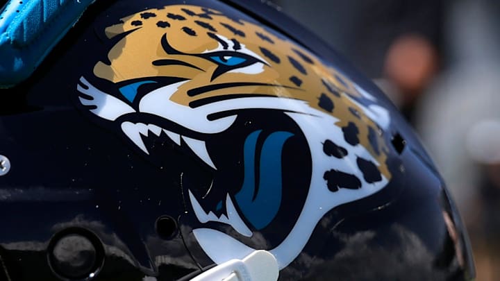 The helmet and gloves of Jacksonville Jaguars running back LeQuint Allen Jr. (36) sit on the field during the second mandatory minicamp at Miller Electric Center Wednesday, June 11, 2025 in Jacksonville, Fla.