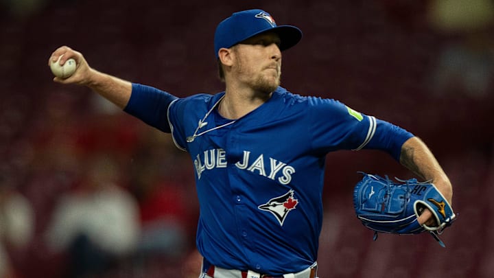 Toronto Blue Jays pitcher Jeff Hoffman (23) pitches in the ninth inning between the Cincinnati Reds and Toronto Blue Jays at Great American Ball Park in Cincinnati on Sept. 3, 2025.