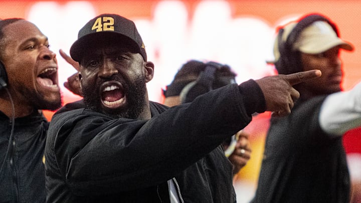 Nov 2, 2024; Lincoln, Nebraska, USA; UCLA Bruins head coach DeShaun Foster yells towards an official against the Nebraska Cornhuskers during the fourth quarter at Memorial Stadium. Mandatory Credit: Dylan Widger-Imagn Images