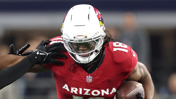 Nov 3, 2025; Arlington, Texas, USA; Arizona Cardinals wide receiver Marvin Harrison Jr. (18) runs against Dallas Cowboys cornerback DaRon Bland (26) in the second half at AT&T Stadium. Mandatory Credit: Kevin Jairaj-Imagn Images Nov 3, 2025; Arlington, Texas, USA; Arizona Cardinals wide receiver Marvin Harrison Jr. (18) runs against Dallas Cowboys cornerback DaRon Bland (26) in the second half at AT&T Stadium. Mandatory Credit: Kevin Jairaj-Imagn Images