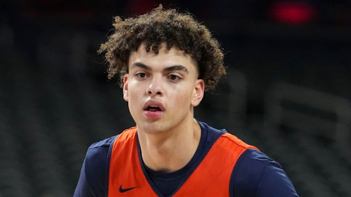 Illinois Fighting Illini guard Keaton Wagler (23) guards during practice ahead of a Final Four game on Friday, April 3, 2026, at Lucas Oil Stadium in Indianapolis.