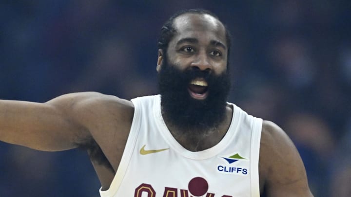 Apr 8, 2026; Cleveland, Ohio, USA; Cleveland Cavaliers guard James Harden (1) stands on the court in the first quarter against the Atlanta Hawks at Rocket Arena. Mandatory Credit: David Richard-Imagn Images