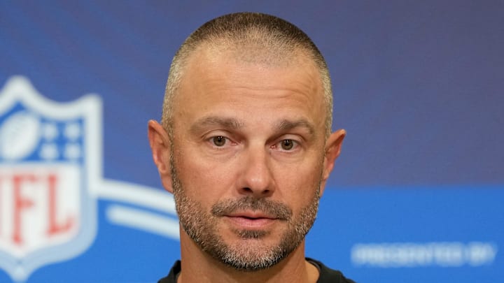 Feb 24, 2026; Indianapolis, IN, USA; Las Vegas Raiders general manager John Spytek speaks at the NFL Scouting Combine at the Indiana Convention Center. Mandatory Credit: Kirby Lee-Imagn Images