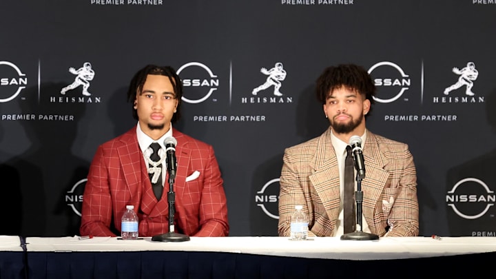 Dec 10, 2022; New York, NY, USA; Heisman finalists (left to right) Georgia quarterback Stetson