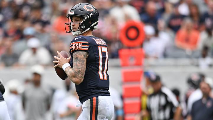 Aug 15, 2026; Chicago, Illinois, USA; Chicago Bears quarterback Tyson Bagent (17) looks to pass the ball against the Cleveland Browns during the first half at Soldier Field. Mandatory Credit: Patrick Gorski-Imagn Images