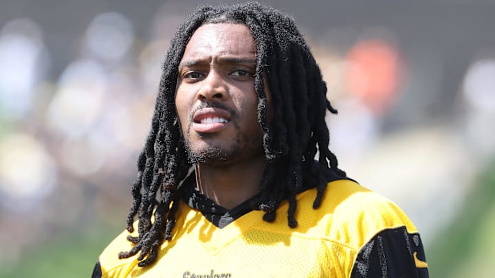 Jul 24, 2025; Latrobe, PA, USA;  Pittsburgh Steelers cornerback Jalen Ramsey (5) participates in drills during training camp at Saint Vincent College. Mandatory Credit: Charles LeClaire-Imagn Images