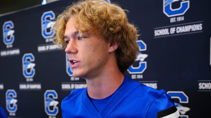 Chandler quarterback Will Mencl (7) talks to the media during the Chandler Unified School District football Media Day in Chandler, on July 29, 2025. Chandler quarterback Will Mencl (7) talks to the media during the Chandler Unified School District football Media Day in Chandler, on July 29, 2025.