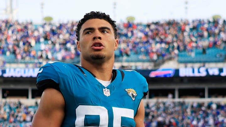 Jacksonville Jaguars tight end Brenton Strange (85) walks off the field after the game of an NFL football AFC Wild Card playoff matchup, Sunday, Jan. 11, 2026, in Jacksonville, Fla. The Bills defeated the Jaguars 27-24. [Corey Perrine/Florida Times-Union]