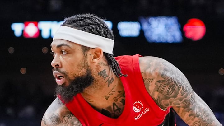 Toronto Raptors forward Brandon Ingram dribbles against Indiana Pacers forward Jarace Walker.