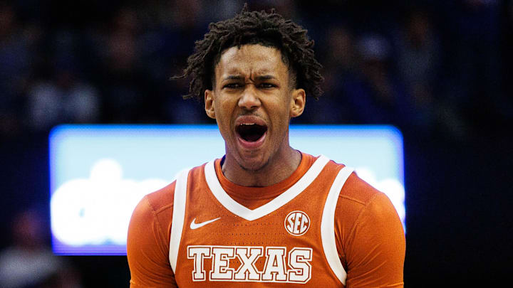Jan 21, 2026; Lexington, Kentucky, USA; Texas Longhorns forward Dailyn Swain (3) celebrates after center Matas Vokietaitis (8) scores a basket during the first half against the Kentucky Wildcats at Rupp Arena at Central Bank Center. Mandatory Credit: Jordan Prather-Imagn Images Jan 21, 2026; Lexington, Kentucky, USA; Texas Longhorns forward Dailyn Swain (3) celebrates after center Matas Vokietaitis (8) scores a basket during the first half against the Kentucky Wildcats at Rupp Arena at Central Bank Center. Mandatory Credit: Jordan Prather-Imagn Images
