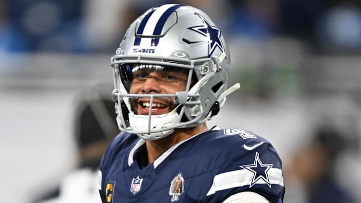 Dec 4, 2025; Detroit, Michigan, USA; Dallas Cowboys quarterback Dak Prescott (4) warms up before a game against the Detroit Lions at Ford Field. Mandatory Credit: Lon Horwedel-Imagn Images