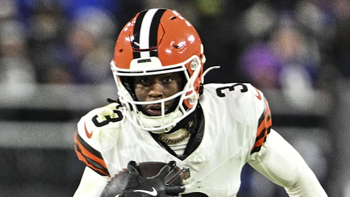 Jan 4, 2025; Baltimore, Maryland, USA; Cleveland Browns wide receiver Jerry Jeudy (3) runs with the ball during the fourth quarter against the Baltimore Ravens at M&T Bank Stadium. Mandatory Credit: Tommy Gilligan-Imagn Images