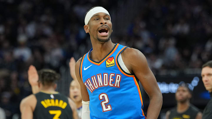 Jan 2, 2026; San Francisco, California, USA; Oklahoma City Thunder guard Shai Gilgeous-Alexander (2) reacts after making a three point basket against the Golden State Warriors during the third quarter at Chase Center. Mandatory Credit: Darren Yamashita-Imagn Images
