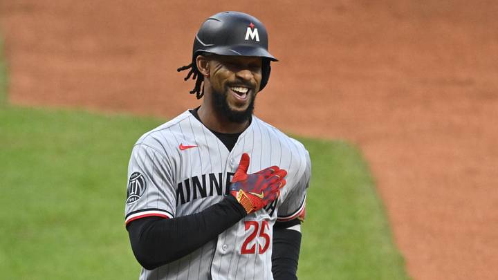 May 9, 2026; Cleveland, Ohio, USA; Minnesota Twins center fielder Byron Buxton (25) celebrates his solo home run in the first inning against the Cleveland Guardians at Progressive Field. Mandatory Credit: David Richard-Imagn Images