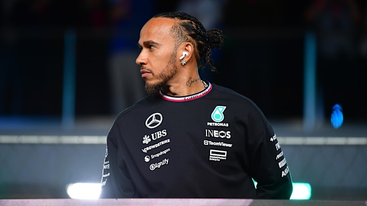 Nov 23, 2024; Las Vegas, Nevada, USA; Mercedes AMG Petronas driver Lewis Hamilton (44) is introduced before the Las Vegas Grand Prix at Las Vegas Circuit. Mandatory Credit: Gary A. Vasquez-Imagn Images
