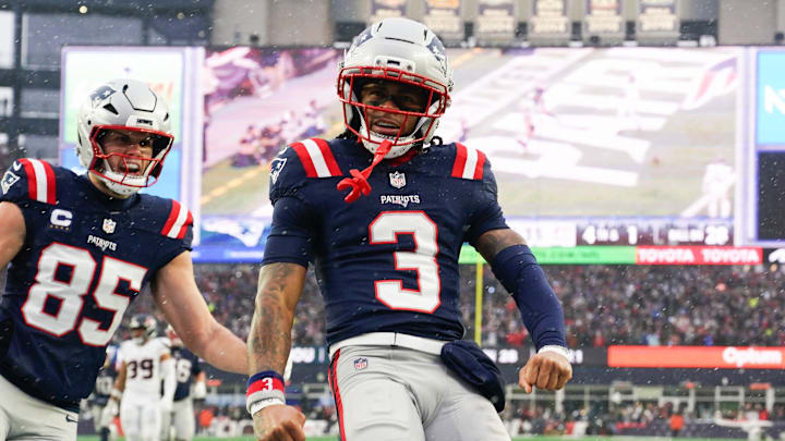 Jan 18, 2026; Foxborough, MA, USA; New England Patriots wide receiver DeMario Douglas (3) celebrates a touchdown in the first quarter in an AFC Divisional Round game against the Houston Texans at Gillette Stadium. Mandatory Credit: David Butler II-Imagn Images