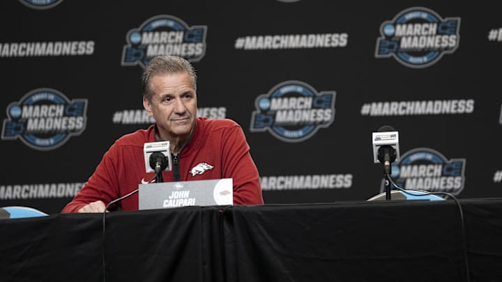 March 26, 2025; San Francisco, CA, USA; Arkansas Razorbacks head coach John Calipari addresses the media in a press conference during NCAA Tournament West Regional Practice at Chase Center. Mandatory Credit: Kyle Terada-Imagn Images