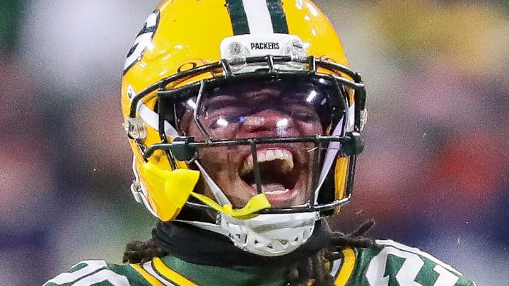Green Bay Packers safety Javon Bullard (20) reacts after making a tackle for loss against the Chicago Bears in the first half. Green Bay Packers safety Javon Bullard (20) reacts after making a tackle for loss against the Chicago Bears in the first half.
