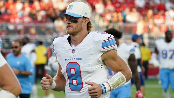 Aug 13, 2026; Santa Clara, California, USA; Tennessee Titans quarterback Will Levis (8) runs off the field at halftime against the San Francisco 49ers at Levi's Stadium. Mandatory Credit: David Gonzales-Imagn Images