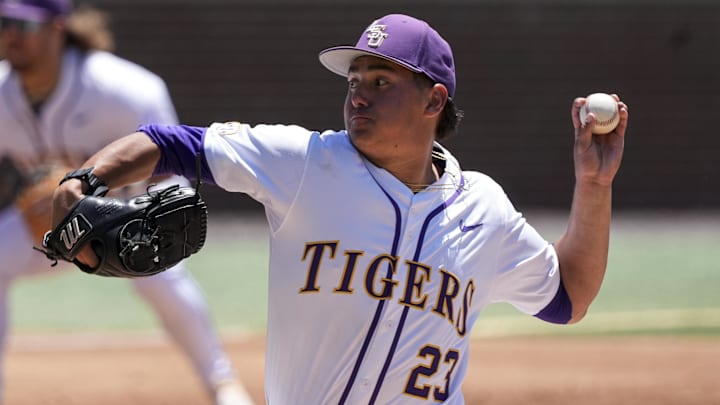 May 31, 2024; Chapel Hill, NC, USA; LSU pitcher Gage Jump (23) pitches against the Wofford Terriers during the NCAA Regional in Chapel Hill. Mandatory Credit: Jim Dedmon-Imagn Images