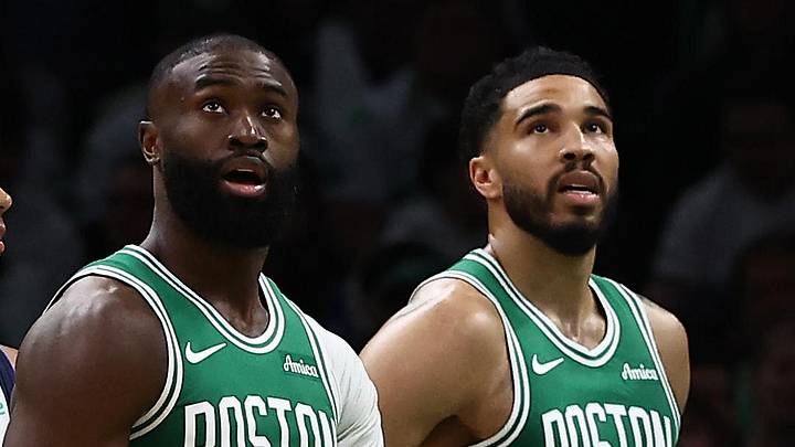 Mar 6, 2026; Boston, Massachusetts, USA; Boston Celtics guard Jaylen Brown (7) and forward Jayson Tatum (0) watch the Jumbotron during the second quarter against the Dallas Mavericks at TD Garden. Mandatory Credit: Winslow Townson-Imagn Images Mar 6, 2026; Boston, Massachusetts, USA; Boston Celtics guard Jaylen Brown (7) and forward Jayson Tatum (0) watch the Jumbotron during the second quarter against the Dallas Mavericks at TD Garden. Mandatory Credit: Winslow Townson-Imagn Images