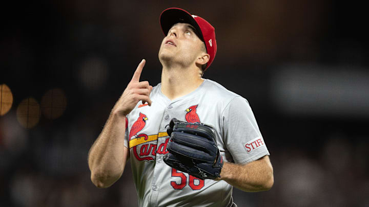 Sep 27, 2024; San Francisco, California, USA; St. Louis Cardinals pitcher Ryan Helsley (56) reacts to getting the final out against the San Francisco Giants during the ninth inning at Oracle Park.