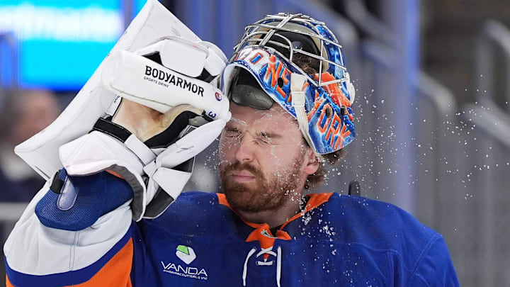Apr 11, 2026; Elmont, New York, USA; New York Islanders goaltender Ilya Sorokin (30) during a break in the first period at UBS Arena. Mandatory Credit: Alexander Wohl-Imagn Images