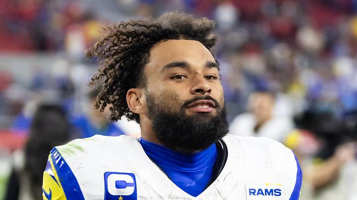 Dec 7, 2025; Glendale, Arizona, USA; Los Angeles Rams running back Kyren Williams (23) against the Arizona Cardinals at State Farm Stadium. Mandatory Credit: Mark J. Rebilas-Imagn Images