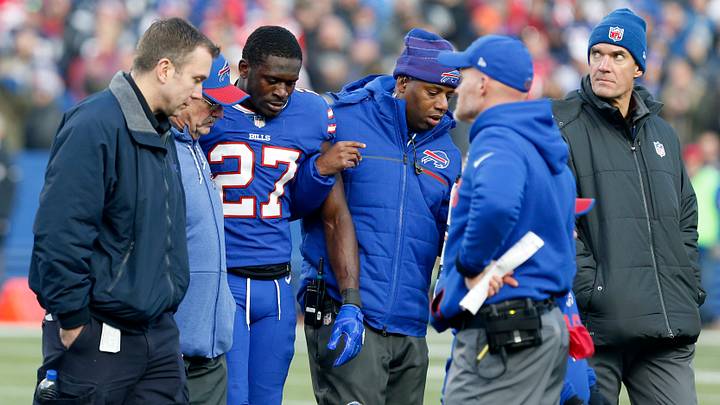 Dec 3, 2017; Orchard Park, NY, USA; Buffalo Bills cornerback Tre'Davious White (27) is taken off the field by personnel with a injury during the second half against the New England Patriots at New Era Field. New England beats Buffalo 23 to 3. Dec 3, 2017; Orchard Park, NY, USA; Buffalo Bills cornerback Tre'Davious White (27) is taken off the field by personnel with a injury during the second half against the New England Patriots at New Era Field. New England beats Buffalo 23 to 3.