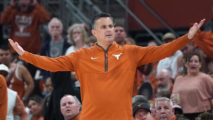 Texas Longhorns head coach Sean Miller reacts during the second half against the Mississippi State Bulldogs at Moody Center. 