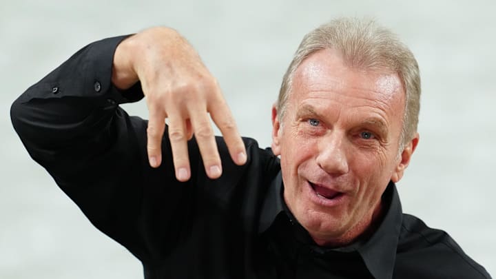 Feb 11, 2024; Paradise, Nevada, USA; San Francisco 49ers former quarterback Joe Montana cheers in the first quarter in Super Bowl LVIII against the Kansas City Chiefs at Allegiant Stadium. 