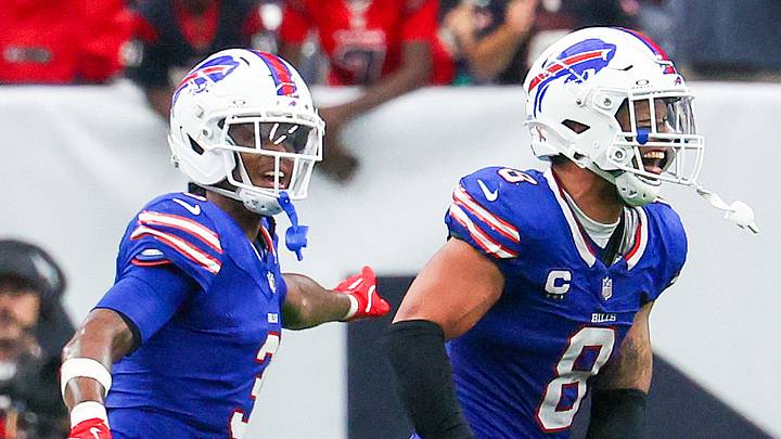 Sep 13, 2026; Houston, Texas, USA; Buffalo Bills linebacker Terrel Bernard (8) recovers the Houston Texans fumble in the fourth quarter at Reliant Stadium. Mandatory Credit: Thomas Shea-Imagn Images