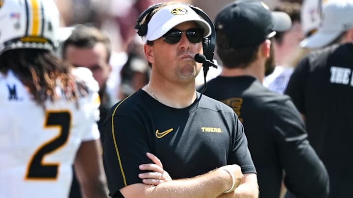 Oct 5, 2024; College Station, Texas, USA; Missouri Tigers head coach Eli Drinkwitz looks on In the third quarter against the Texas A&M Aggies at Kyle Field. Mandatory Credit: Maria Lysaker-Imagn Images. 