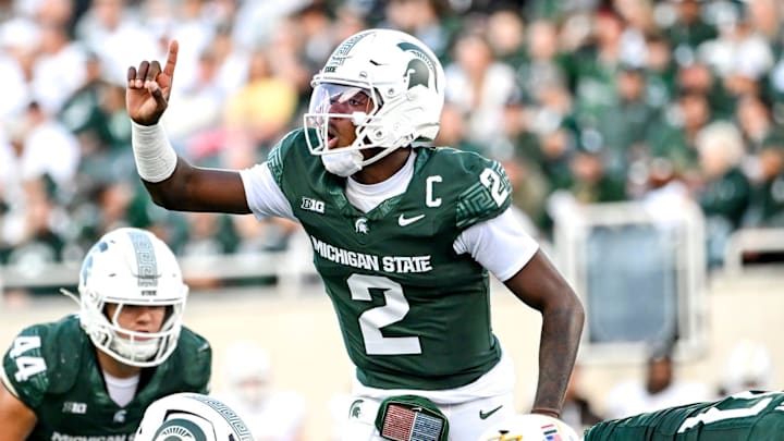 Michigan State's Aidan Chiles calls out to teammates during the first quarter in the game against Western Michigan on Friday, Aug. 29, 2025, in East Lansing.