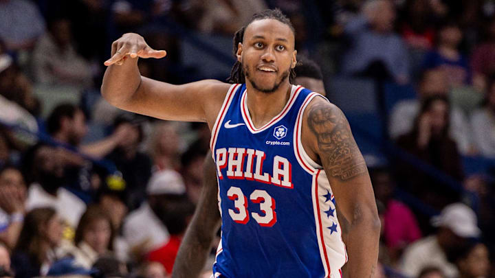 Feb 21, 2026; New Orleans, Louisiana, USA;  Philadelphia 76ers forward Jabari Walker (33) reacts to making a three point basket against the New Orleans Pelicans during the second half at Smoothie King Center. Mandatory Credit: Stephen Lew-Imagn Images