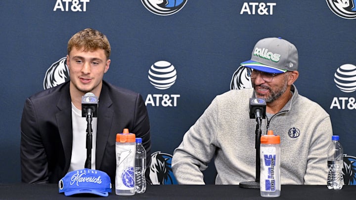 Dallas Mavericks first overall pick Cooper Flagg (left) looks on with head coach Jason Kidd (right) at a press conference at the Dallas Mavericks Practice Facility. Mandatory Credit: Jerome Miron-Imagn Images Dallas Mavericks first overall pick Cooper Flagg (left) looks on with head coach Jason Kidd (right) at a press conference at the Dallas Mavericks Practice Facility. Mandatory Credit: Jerome Miron-Imagn Images