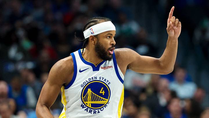 Mar 23, 2026; Dallas, Texas, USA;  Golden State Warriors guard Moses Moody (4) reacts against the Dallas Mavericks during the first half at American Airlines Center. Mandatory Credit: Kevin Jairaj-Imagn Images