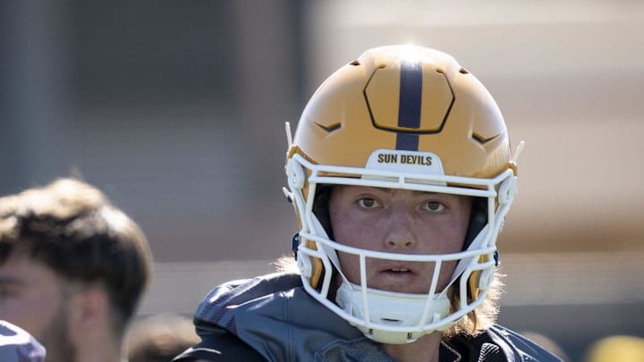 Cutter Boley (#8 QB) throws a pass during ASU football practice at Kajikawa Practice fields in Tempe, Arizona, on March 19, 2026.