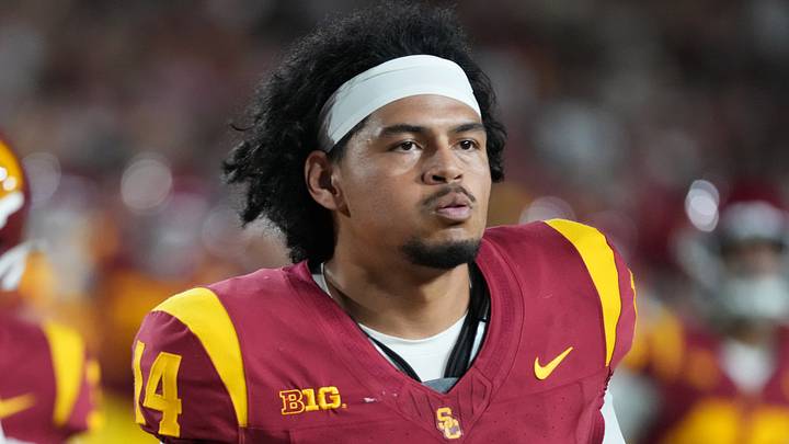 Sep 4, 2026; Los Angeles, California, USA; Southern California Trojans quarterback Jayden Maiava (14) leaves the field after the first half against the Fresno State Bulldogs at United Airlines Field at Los Angeles Memorial Coliseum. Mandatory Credit: Kirby Lee-Imagn Images