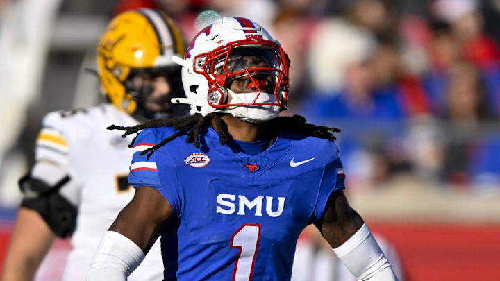 Nov 30, 2024; Dallas, Texas, USA; Southern Methodist Mustangs safety Brandon Crossley (1) in action during the game between the SMU Mustangs and the California Golden Bears at Gerald J. Ford Stadium. Mandatory Credit: Jerome Miron-Imagn Images