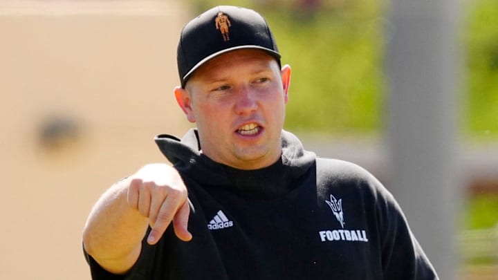 Arizona State head coach Kenny Dillingham watches his team as they run drills during a spring practice at Kajikawa practice fields in Tempe, Ariz. on April 14, 2026.