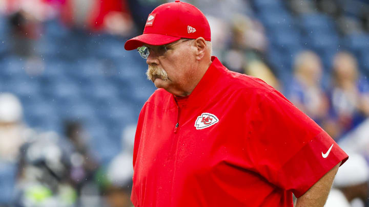 Kansas City Chiefs head coach Andy Reid watches pregame warmups against the Seattle Seahawks at Lumen Field. Mandatory Credit: Joe Nicholson-Imagn Images