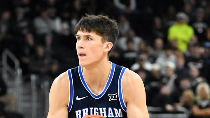 Dec 3, 2024; Providence, Rhode Island, USA; Brigham Young Cougars guard Egor Demin (3) shoots over Providence Friars guard Corey Floyd Jr. (14) during the second half at Amica Mutual Pavilion. Mandatory Credit: Eric Canha-Imagn Images Dec 3, 2024; Providence, Rhode Island, USA; Brigham Young Cougars guard Egor Demin (3) shoots over Providence Friars guard Corey Floyd Jr. (14) during the second half at Amica Mutual Pavilion. Mandatory Credit: Eric Canha-Imagn Images
