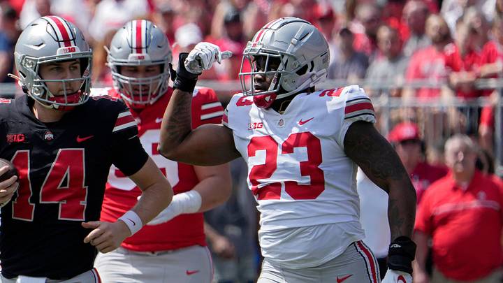 April 15, 2023; Columbus, Ohio, USA; Defensive end Omari Abor (23) celebrates after reaching quarterback Tistan Gebbia (14) during the Ohio State spring football game Saturday at Ohio Stadium.Mandatory Credit: Barbara J. Perenic/Columbus Dispatch
Ohio State Spring Game Bjp 45 April 15, 2023; Columbus, Ohio, USA; Defensive end Omari Abor (23) celebrates after reaching quarterback Tistan Gebbia (14) during the Ohio State spring football game Saturday at Ohio Stadium.Mandatory Credit: Barbara J. Perenic/Columbus Dispatch
Ohio State Spring Game Bjp 45