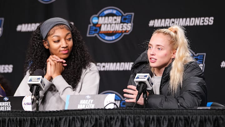 LSU Lady Tigers forward Reese and guard Van Lith take questions from the media during the 2024 NCAA tournament.