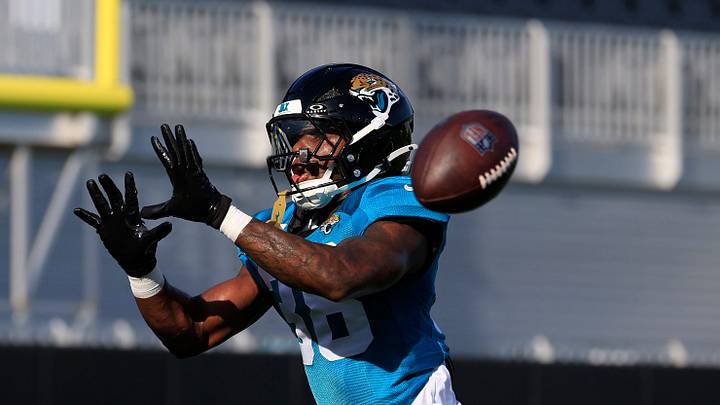 Jacksonville Jaguars cornerback Corey Ballentine (38) catches a pass during Day 11 of NFL training camp at the Miller Electric Center on Tuesday, Aug. 11, 2026, in Jacksonville, Fla.