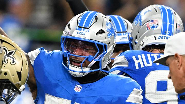 Sep 13, 2026; Detroit, Michigan, USA;  Detroit Lions linebacker Derrick Barnes (55) reacts to a fumlbe by New Orleans Saints during the third quarter at Ford Field.  Mandatory Credit: Lon Horwedel-Imagn Images